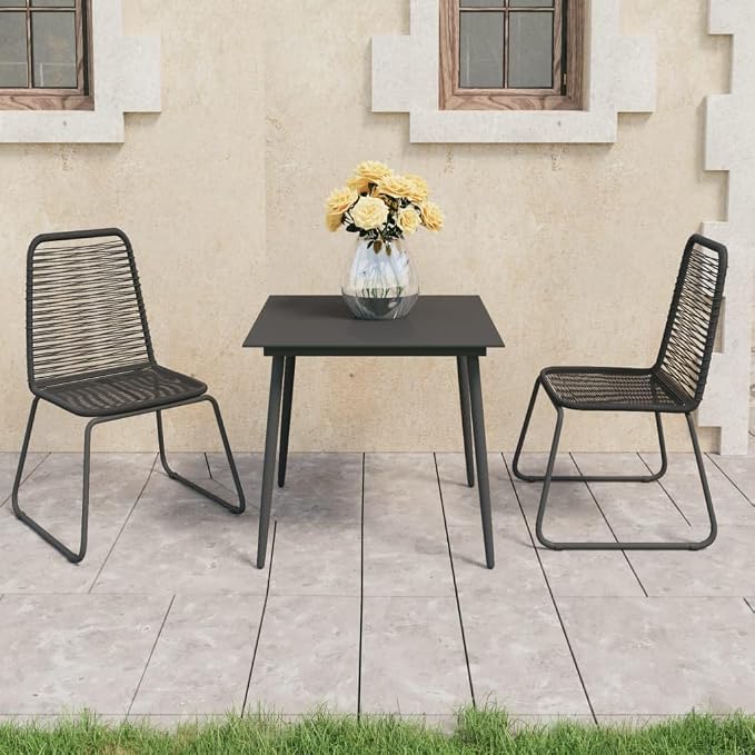 3 Piece Patio Dining Set, Outdoor PVC Rattan Bistro Set with Black Glass Table and 2 Chairs, Small Space Dining Table Set for Garden, Backyard, Balcony and Terrace