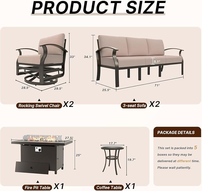 Aluminum Patio Furniture Set with Fire Pit Table, 8 Seats Outdoor Patio Conversation Sets with Swivel Chair Modern Metal Sectional Sofa with Upgrade Cushions for Patio, Backyard - Sand