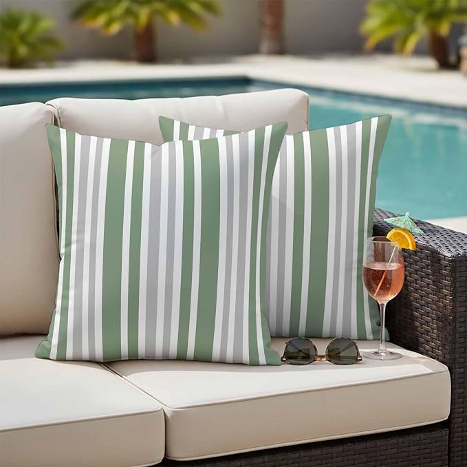 Sage Green Grey Stripe Outdoor Pillow Covers 16x16 Inch Throw Pillow Covers Set of 2 Waterproof Decorative Pillow Cases Farmhouse Minimalist Striped Cushion Covers for Patio Furniture Garden Couch