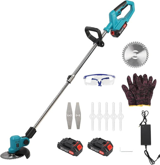 Cordless String Trimmer with Fast Charger, 2 X 2.1Ah Battery Powered Weed Wacker with Auto Line Feed, 21V Weed Eater, Lawn Edger, Cordless Grass Trimmer/Wheel Edger/Mini-Mower/Brush Cutter (Blue A)