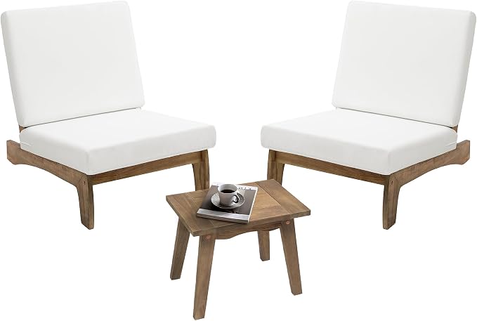 Pia Ricoo 3 Piece Patio Bistro Set with Patio Chairs and Table, Heavy Duty Wood Patio Furniture Set, All-Weather Outdoor Chairs for Balcony, Deck, Poolside, Porch - Beige