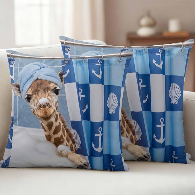 Bathing Giraffe Waterproof Outdoor Pillow Covers Set of 2 Home Decor, Funny Animal Showering Lumbar Pillowcase Patio Pillow Covers for Couch Bench Patio Furniture Garden 20x20in