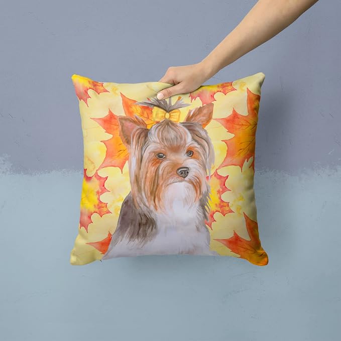 Caroline's Treasures BB9984PW1414 Yorkshire Terrier #2 Fall Fabric Decorative Pillow, Yellow Machine Washable, Indoor Outdoor Decorative Pillow for Couch, Bed or Patio, 14Hx14W