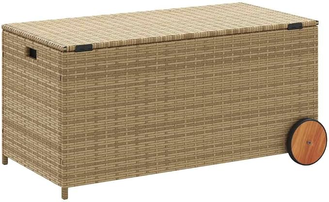 Garden Storage Box with Wheels Mix Beige 50.2 Gal Poly Rattan with Water-Proof Bag and Gas Spring Lid for Patio Cushions