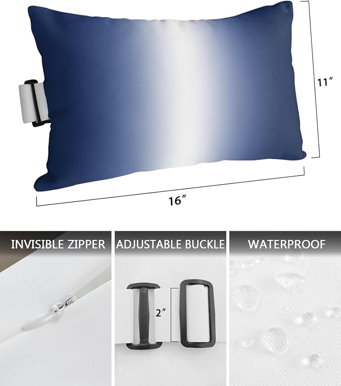 Pack of 2 Outdoor Lumbar Pillow Covers 11x16 Inch, Navy Blue Ombre Waterproof Throw Pillow Covers Set, Aesthetics Modern Abstract Art Gradient Decorative Cushion Cases for Patio Porch Car