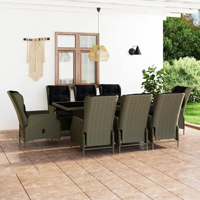9 Piece Patio Dining Set with Cushions, Brown Poly Rattan Outdoor Furniture with Powder-Coated Steel Frame and Glass Tabletop