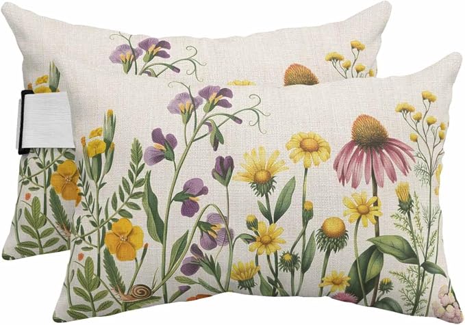 Spring Wildflowers Outdoor Pillows with Insert 12x20 Inch Summer Country Plants Leaf Flowers Linen Waterproof Headrest Pillows with Adjustable Strap Lounger Chair Throw for Patio Furnitures , 2 Pack