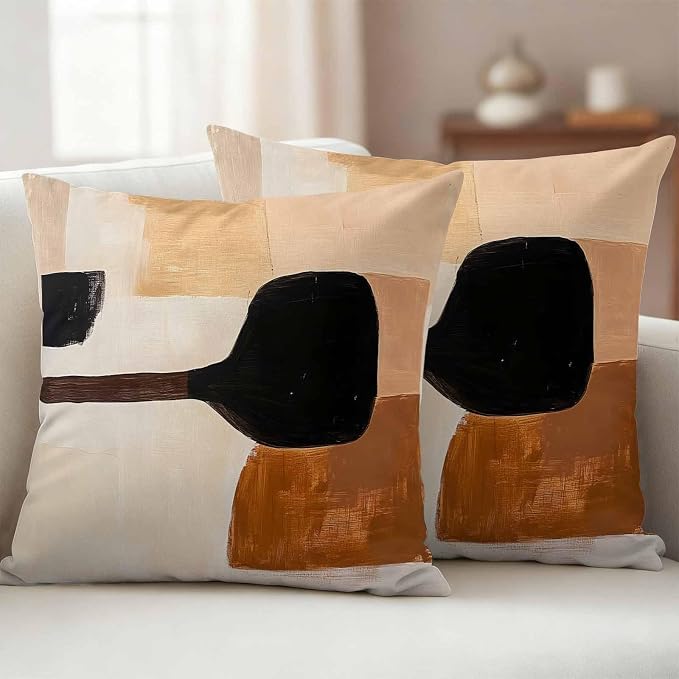 Beige Black Outdoor Waterproof Throw Pillow Covers Set of 2, 26"x26", Brown Abstract Art Graffiti Color Block Modern Decorative Pillow Covers Outside Cushion Case for Patio Porch Garden