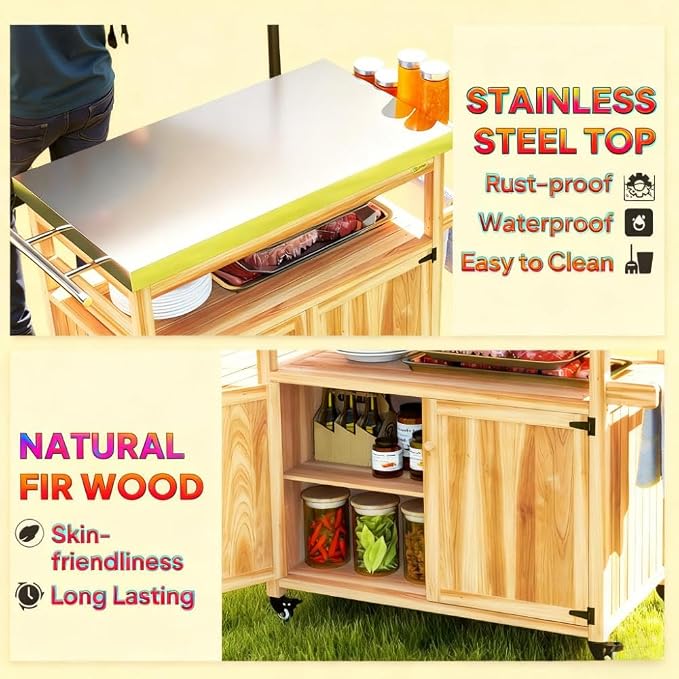 Outdoor Storage Cabinet and Grill Cart with Stainless Steel Top, Rolling Patio Kitchen Island for BBQ Tools and Pizza Oven, Solid Fir Wood Storage Box with Wheels, 43 x 20 x 36 Inches
