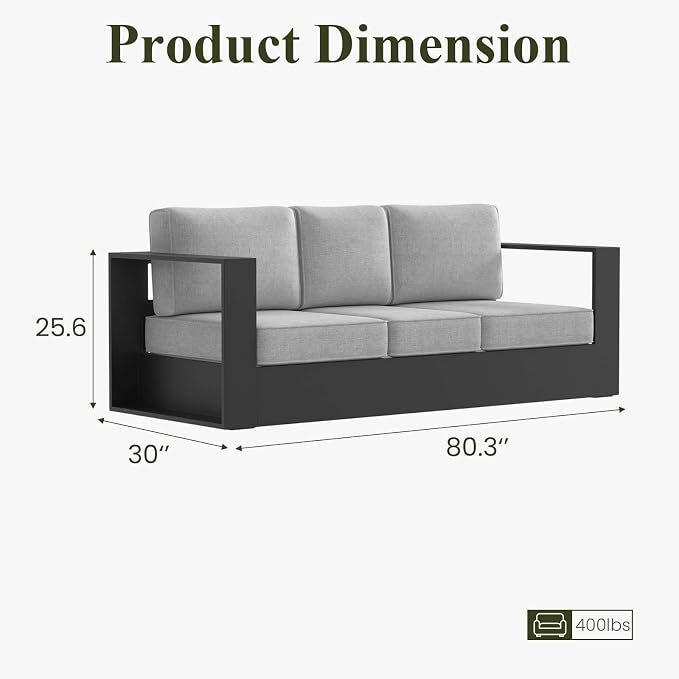 LayinSun Oversized Aluminum Outdoor Furniture, 1 Piece Patio 3-Seat Sofa, Deep Seating and Upgraded 6-inch Cushions for Porch, Balcony, Deck