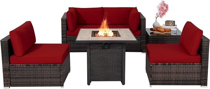 Tangkula 6 Piece Outdoor Rattan Sofa Set with 30in Propane Gas Fire Table, Ceramic Fire Tabletop, 50,000 BTU Heat Output, Cushions & Fire Pit Dust Cover, Patiojoy Weatherproof Wicker Set (Red)