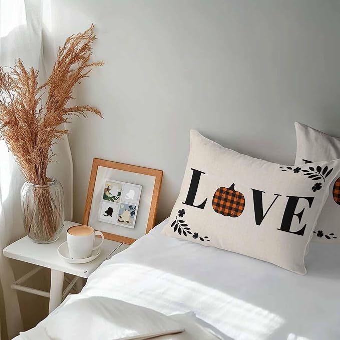 Orange Pumpkin Outdoor Waterproof Pillow Covers, Fall Leaves Love Heart Beige Pastoral Decorative Rectangle Throw Pillowcase Sofa Cushion Sham for Patio/Couch/Chair, 20"x12" 2 Pack