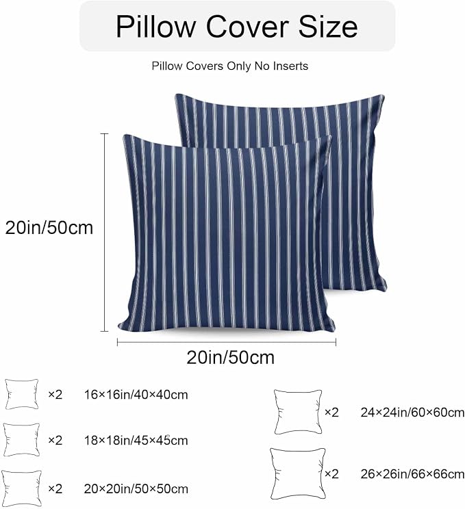 Navy Blue Striped Outdoor Pillow Covers 16x16 Inch Throw Pillow Covers Set of 2 Waterproof Decorative Pillow Cases Navy Blue White Farmhouse Stripes Cushion Covers for Patio Furniture Garden Couch