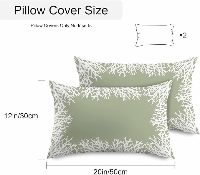 Vandarllin Outdoor Throw Pillows Covers 20x12 inch Set of 2 Waterproof Sage Green Coral Decorative Zippered Cushion Covers for Patio Furniture, Coastal Marine Life Lumbar Pillowcases