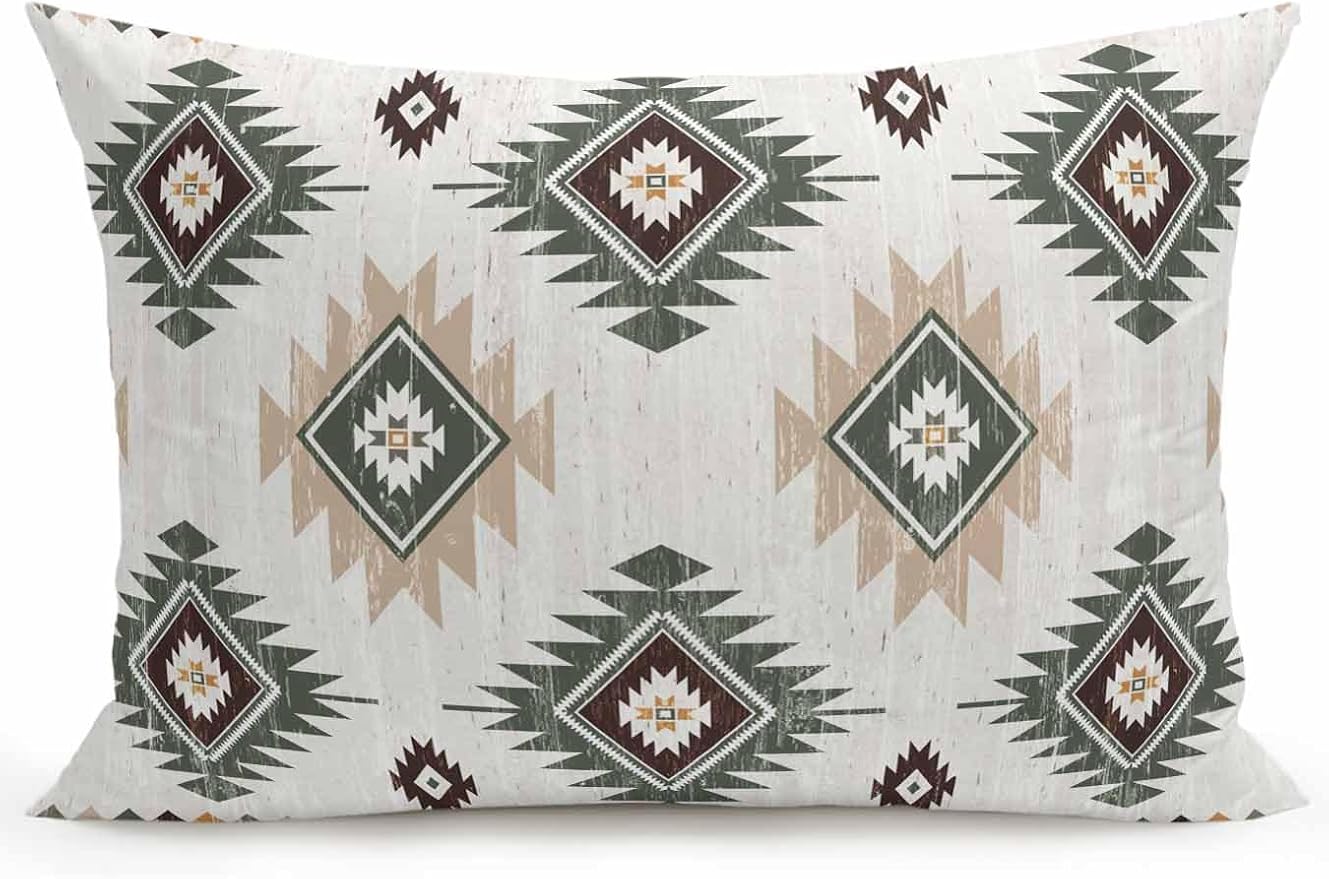 Waterproof Outdoor Pillow 1 Pack Sage Green Boho Aztec Decorative Throw Pillows Cover & Insert 20x12 Inch Lumbar Pillowcase Southwest Tribal Style Pillows for Couch Sofa Bed Patio Furniture