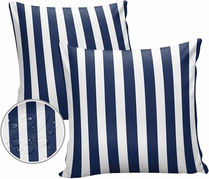 Outdoor Waterproof Throw Pillow Covers 24x24in, Striped Line Cushions for Garden Patio Furniture Chairs Set of 2, Navy Blue White Home Decor Couch Sofa Polyester Pillow Cases