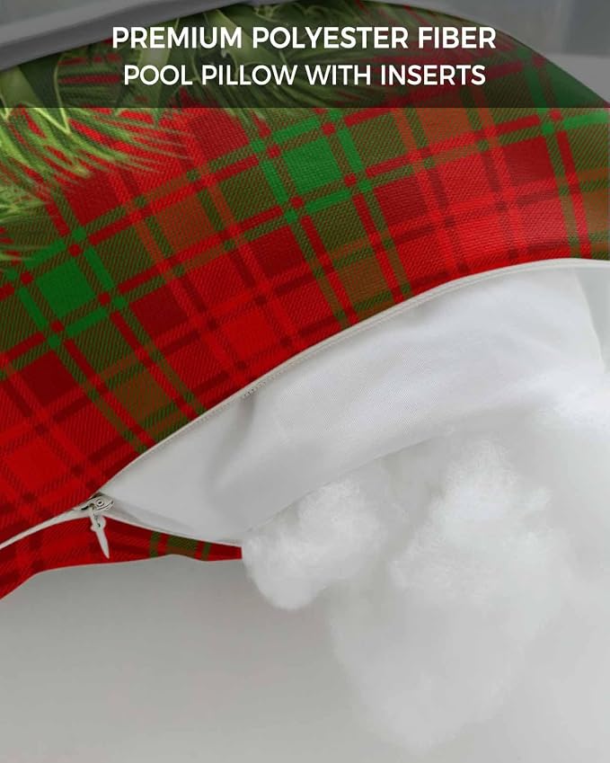 Outdoor Pillows Covers with Inserts Christmas Pine Berries Red Green Checked Plaid Waterproof Pillow with Adjustable Strap Throw Pillows for Patio Furniture Recliner Lounge Chair, 11x16 inch, 1PCS
