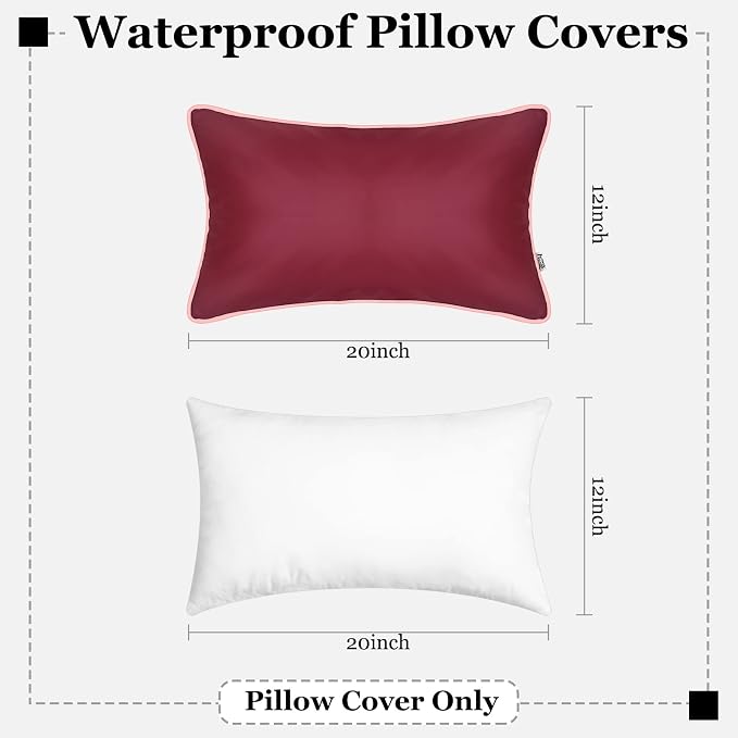 Pack of 2 Outdoor Waterproof Silicone Leather Pillow Covers 12x20 Inch Outdoor UV Fade Resistant Lumbar Pillow Cover for Patio Tent Sunbrella Couch, Burgundy