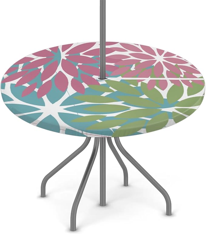 Round Tablecloth with Umbrella Hole and Zipper Elastic Fitted Table Cloth 36"-44" Oil-Proof Waterproof Patio Table Cover for Outdoor Picnic Party, Spring Summer Geometric Elegant Pink Green