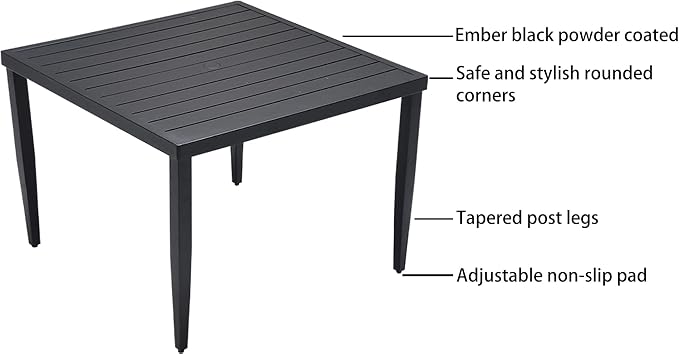 5-Piece Outdoor Patio Aluminum Furniture, Modern Dining Set, Including 4 Swivel Rockers and 40" Square Dining Table with Umbrella Hole, Ember Black