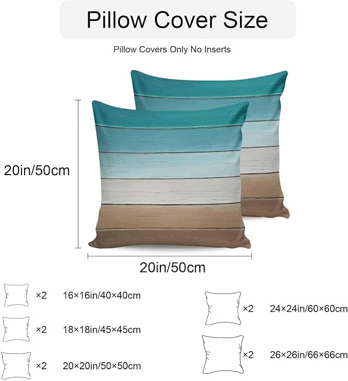 Teal Brown Outdoor Pillow Covers 26x26 Inch Throw Pillow Covers Set of 2 Waterproof Decorative Pillow Cases Rustic Vintage Abstract Ombre Wooden Plank Cushion Covers for Patio Furniture Garden Couch