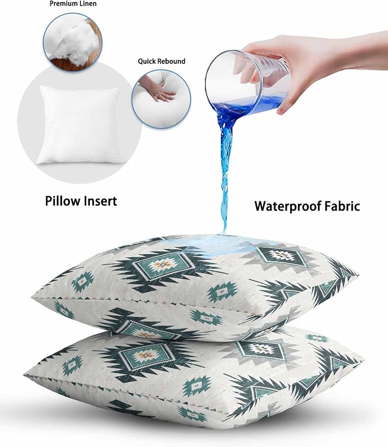 Waterproof Outdoor Pillow 1 Pack Turquoise Boho Aztec Decorative Throw Pillows Cover & Insert 20x12 Inch Lumbar Pillowcase Southwest Tribal Style Pillows for Couch Sofa Bed Patio Furniture