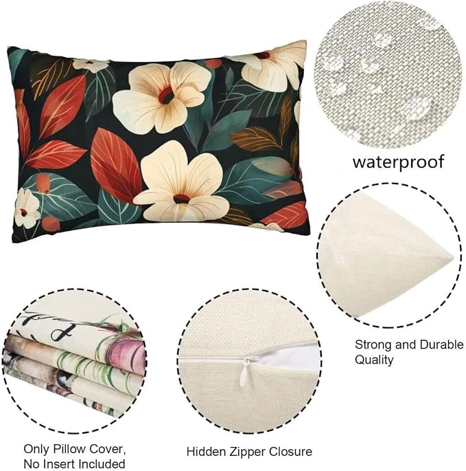 Throw Pillow Covers 12 x 20 Pillow Covers Set of 2 Couch Pillows for Living Room, Flower Throw Pillows with Invisible Zipper, Linen Accent Pillows Decorative Pillow Covers Farmhouse Decor, Plant J341