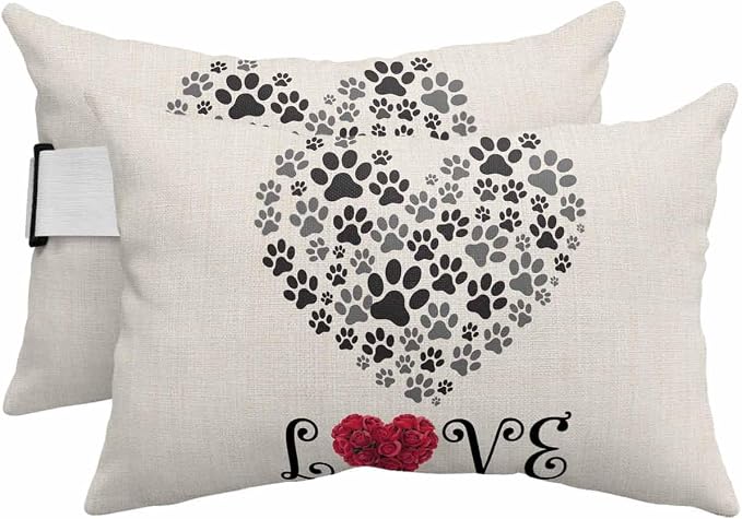 Outdoor Pillows Covers with Inserts Rose Love Dog's Paws Shape Heart Waterproof Recliner Pillow with Adjustable Strap Throw Pillows for Patio Furniture Pool Lounge Chair, 12x20 inch, 2PCS