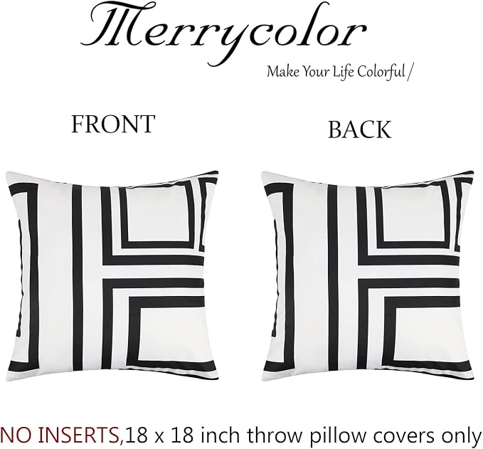 Merrycolor Set of 2 Outdoor WaterproofThrow PillowCovers Geometry Decorative Square Pillowcases Blackand White Outdoor Pillows for Patio Furniture Garden TentCouch 18 X 18 Inch