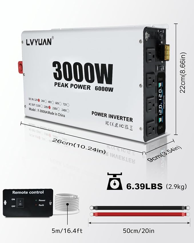 LVYUAN 3000 Watt Power Inverter 12V to 110V 120V DC to AC Converter for Home RV Vehicle Outdoor Camping Car Power Inverter with 4 AC Outlets, LCD Display, USB Charge Port, Remote Control