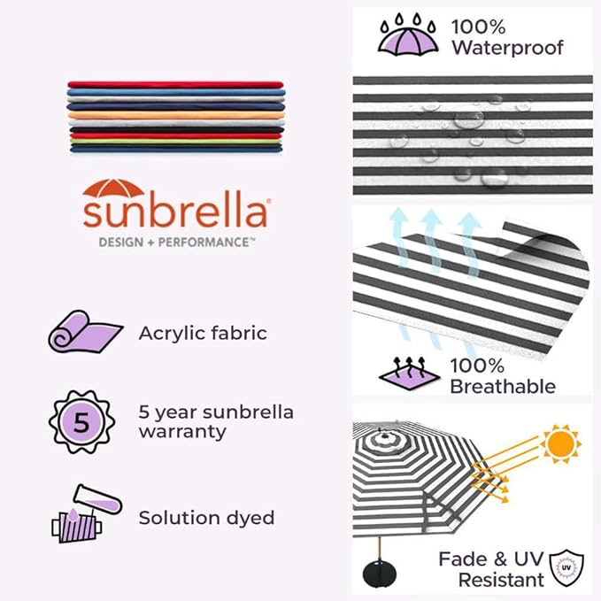Midtown Umbrellas Push & Pop 8 Ft Patio Umbrellas with Push & Pop Mechanism, Fiberglass Ribs & Sunbrella Fabric – Outdoor Umbrella for Deck, Pool, Cafés and Hotels – Black & White Canopy, Black Pole