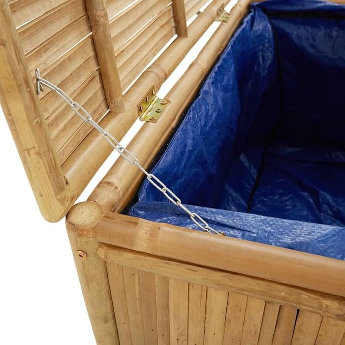 Bamboo Outdoor Storage Box 35.4x20.5x21.7 Inch, Patio Garden Bench with Waterproof Liner, Multi-Functional Deck Box for Cushions, Toys, Tools, Indoor and Outdoor Use, Durable & Ventilated Design