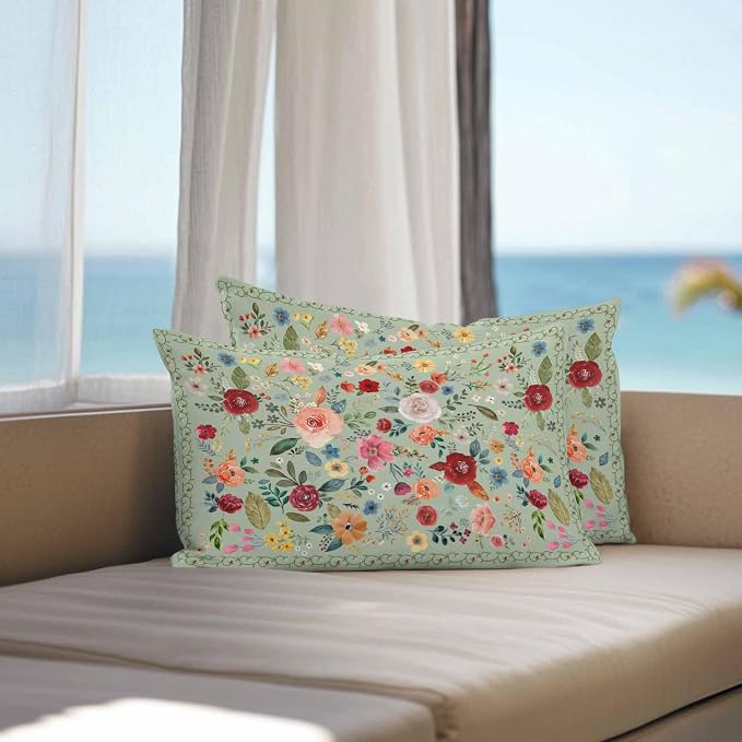 Vandarllin Outdoor Throw Pillows Covers 20x12 inch Set of 2 Waterproof Sage Green Floral Decorative Zippered Cushion Covers for Patio Furniture, Farmhouse Vintage Flower Lumbar Pillowcases