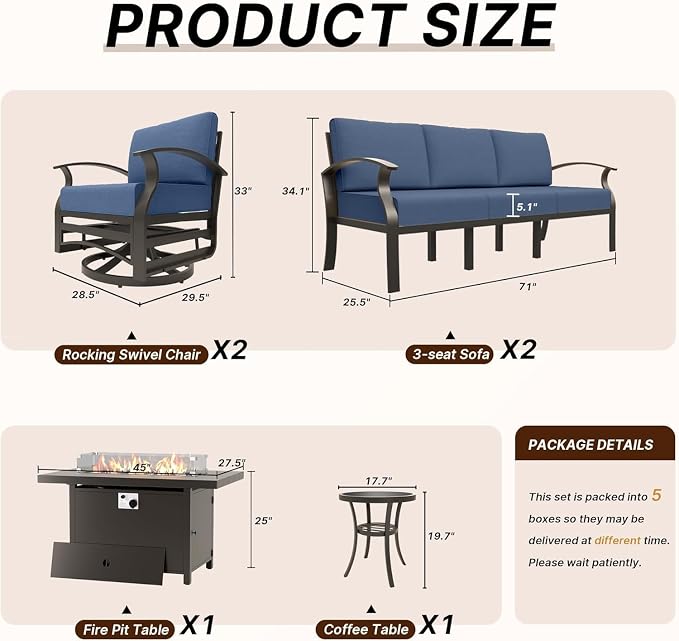 Aluminum Patio Furniture Set with Fire Pit Table, 8 Seats Outdoor Patio Conversation Sets with Swivel Chair Modern Metal Sectional Sofa with Upgrade Cushions for Patio, Backyard - Blue