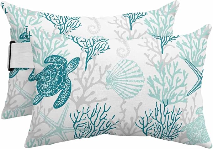 Lumbar Pillow Covers Set of 4, Turquoise Coastal Waterproof Outdoor Chaise Lounge Pillow Covers with Elastic Strap, Sea Turtle Nautical Coral Summer Beach Headrest Pillowcase for Patio, 11 x 16