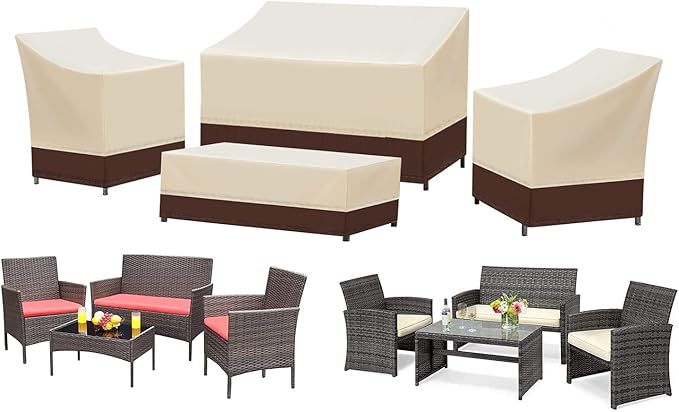 SIRUITON Patio Furniture Covers 4 Piece Set, Waterproof Outdoor Patio Furniture Set Covers, 420D Heavy Duty Durable and Water Resistant Fabric, Fit for Chairs, Couch, Coffee Table-XX-Large,Khaki