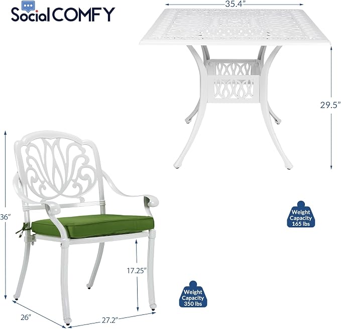 5-Piece Outdoor Patio Dining Set, All-Weather Cast Aluminum Patio Table Set, Include 4 Cushioned Chairs and a 35.4 inch Square Table w/Umbrella Hole for Balcony Garden Backyard, Green