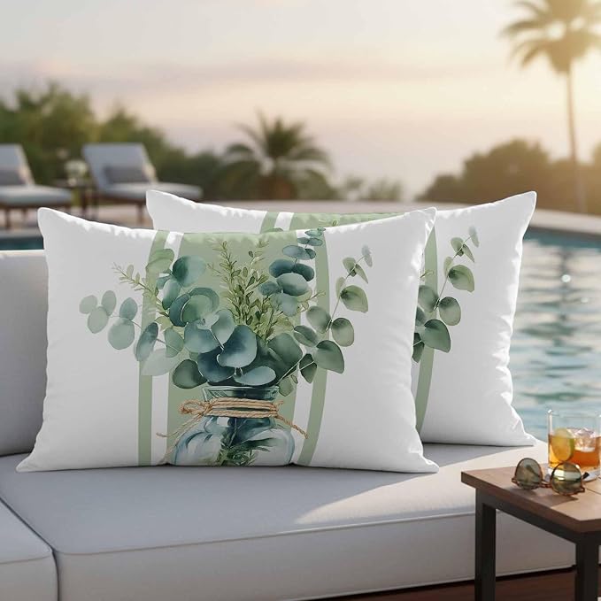 Sage Green Eucalyptus Leaves Outdoor Pillow Covers 20x12 Inch Lumbar Pillow Covers Set of 2 Waterproof Decorative Throw Pillow Cases Farmhouse Stripe Botanical Cushion Covers for Patio Furniture