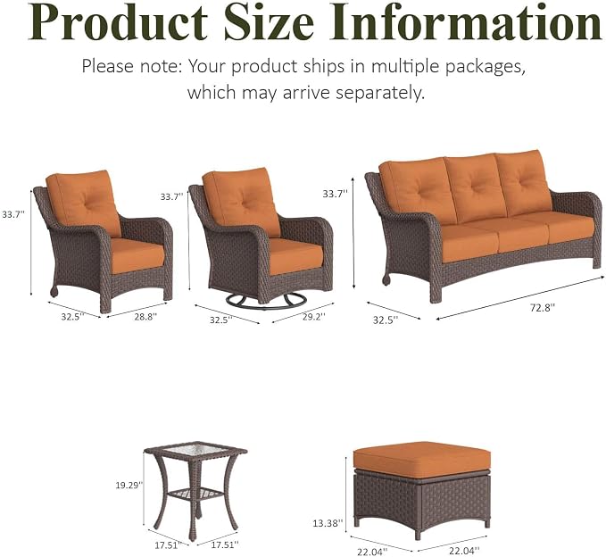LayinSun 7 Piece Wicker Outdoor Furniture Set with 6-inch Comfy Cushions, High Back Patio Furniture Set with Rattan Armchairs and Fire Pit Table