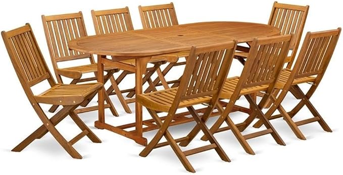 East West Furniture BSDK9CWNA 9 Piece Patio Garden Table Set Includes an Oval Outdoor Acacia Wood Dining Table and 8 Folding Side Chairs, 36x79 Inch, Natural Oil