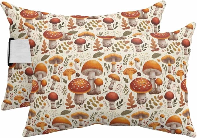Outdoor Pillows Covers with Inserts Fall Thanksgiving Mushroom Retro Flower Floral Plant Waterproof Pillow with Adjustable Strap Throw Pillows for Patio Furniture Recliner Lounge Chair, 11"x16", 2PCS