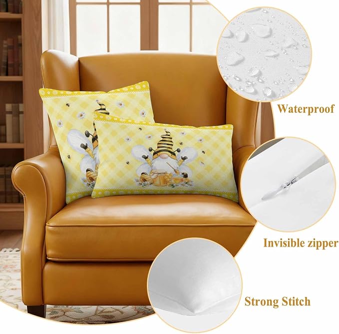 Yukro Honey Gnome Outdoor Waterproof Pillow Covers Pack of 2, Watercolor Honey Bees Floral Yellow Plaid Decorative Throw Pillowcases Cushion Covers for Garden Patio Tent Sofa Couch, 20x20 inch