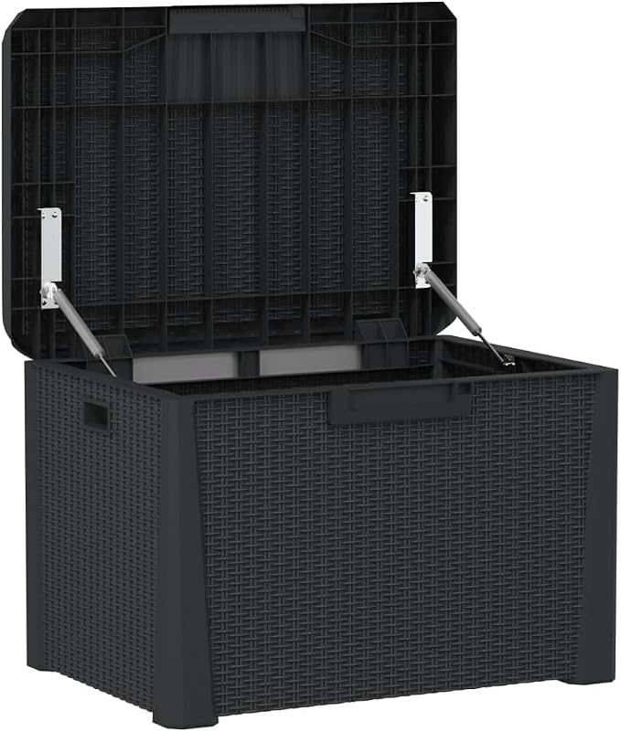 Anthracite Garden Storage Box 33 Gal Capacity Outdoor Organizer with Hydraulic Lid, Weather-Resistant Polypropylene Rectangular Design for Patio Balcony Deck