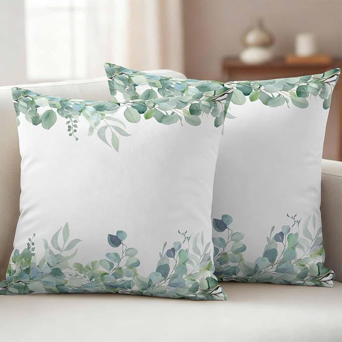 Spring Green Leaf Outdoor Waterproof Throw Pillow Covers Set of 2, 24"x24", Eucalyptus Leaves Watercolor Plants Decorative Pillow Covers Outside Cushion Case for Patio Porch Garden