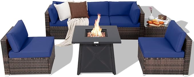 Tangkula 7 Piece Patio Furniture Set w/Fire Pit Table, Patiojoy Outdoor Rattan Conversation Sofa Set w/30 Square Propane Fire Pit Table, 50,000 BTU Heat Output, Protective Cover Included (Navy)
