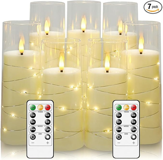Eebuss Flameless Candles with Embedded Star String, Battery Operated LED Pillar Candles with Timer and Remote Control,Home Decorating for Ambiance， Set of 7(Ivory)