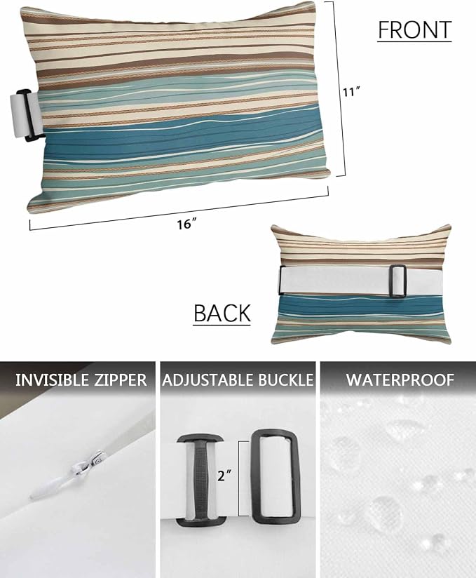 Outdoor Pillows Covers with Inserts Boho Style Horizontal Stripe Waterproof Recliner Pillow with Adjustable Strap Throw Pillows for Patio Furniture Pool Lounge Chair, 11x16 inch, 1PCS