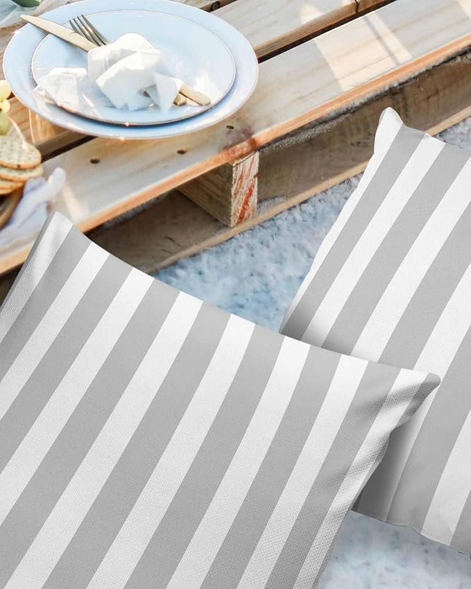 Outdoor Waterproof Throw Pillow Covers 24x24in, Gray Stripes Cushions for Garden Patio Furniture Chairs Set of 2, Abstract Geometric Home Decor Couch Sofa Polyester Pillow Cases