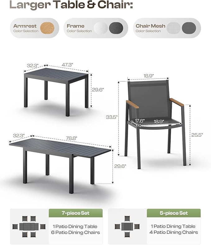 Outdoor Aluminum Patio Dining Table Set for 6 Person, Expandable Outdoor Table and 6 Chairs with Textilene Fabric & HDPS Armrest, All-Weather Patio Furniture Set for Yard, Garden, Gray