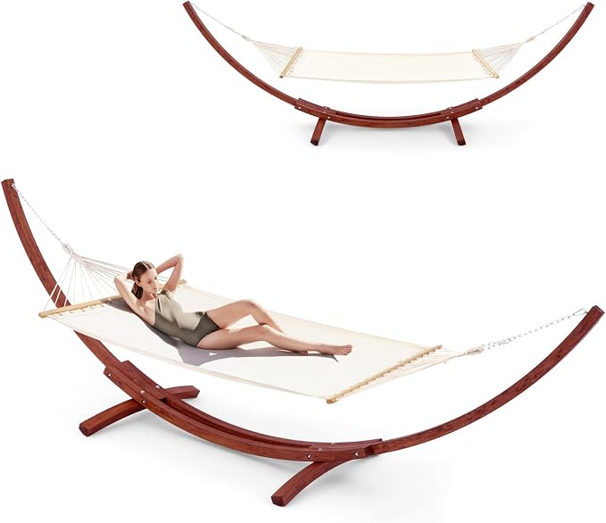 ECOTOUGE 13 FT Wooden Hammock with Stand, Outdoor Double Hammock with Wood Stand 2 Person Heavy Duty Hammock and Stand for Outside Backyard, Balcony, Porch, Patio, Garden, 550 lbs Capacity, White